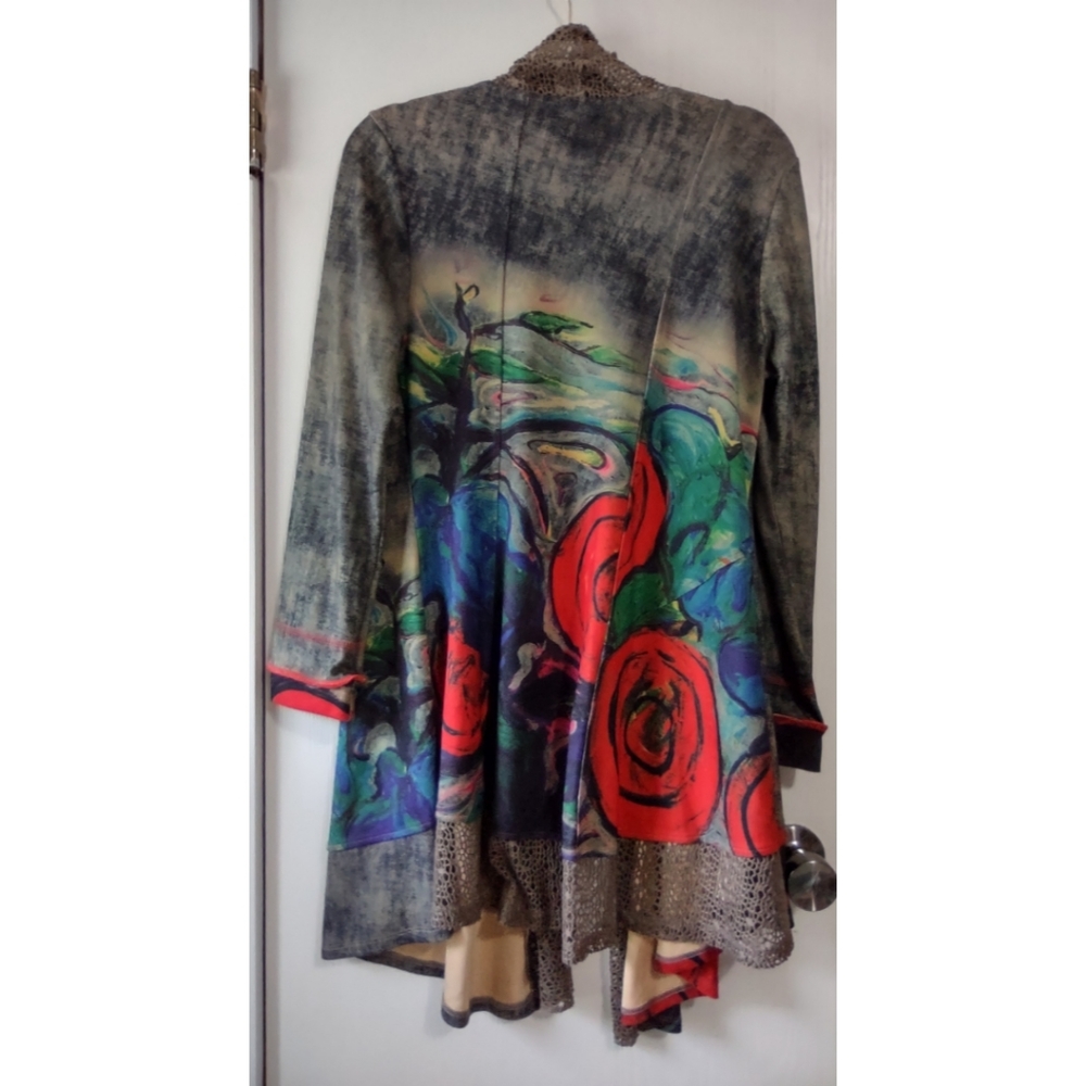 Womens Multicolor Long Open Front Jacket with Floral Accents - Picture 2 of 4